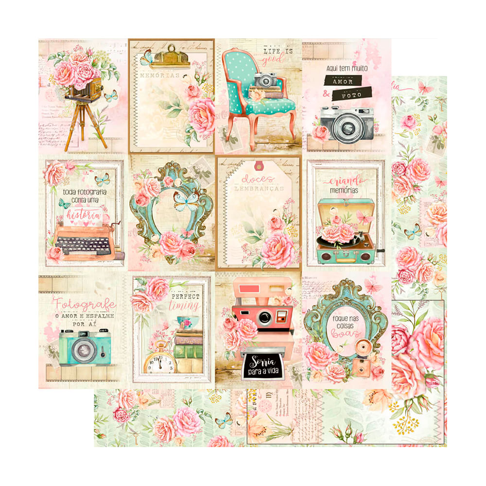 Encontraproduto.com.br - Página de Scrapbook Dupla Face Litoarte 30,5x30,5 cm – Modelo SD-1154 Bons Momentos Cards/Floral