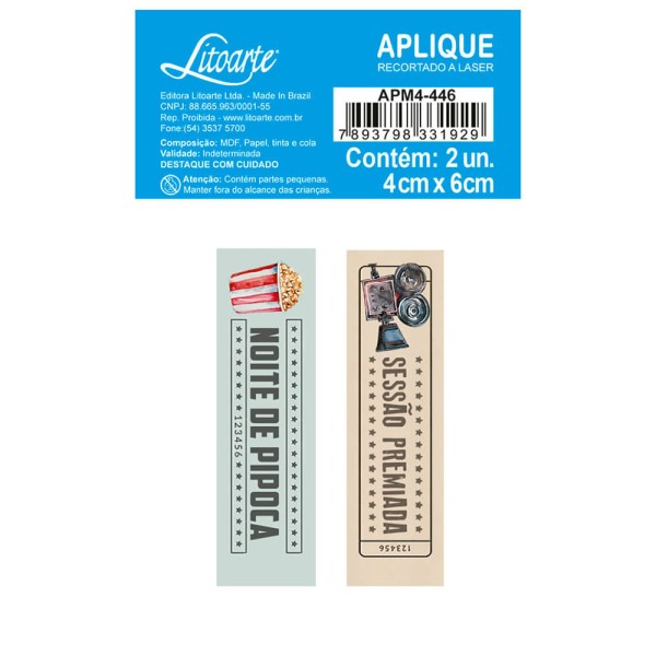 Encontraproduto.com.br - Aplique MDF e Papel Litoarte 4 cm - Modelo APM4-446 Cinema – Tag Noite de Pipoca