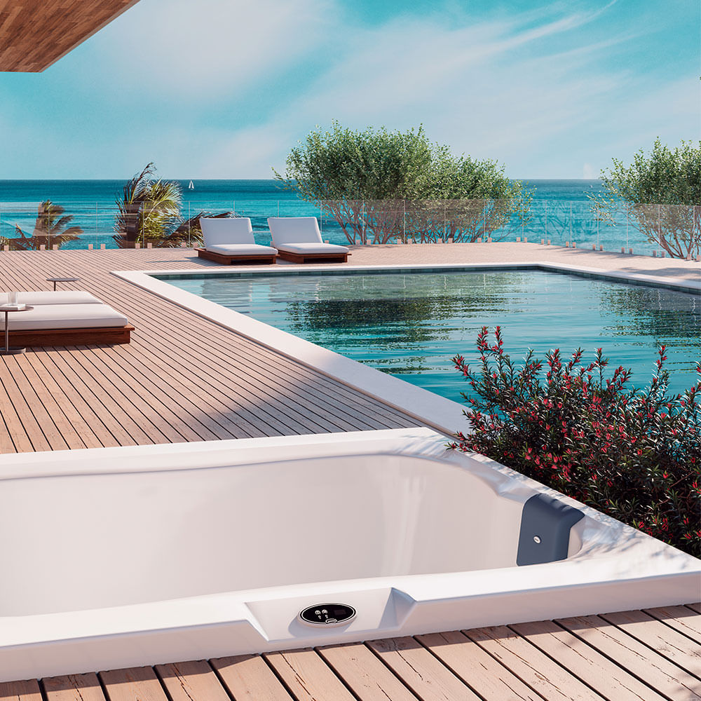 Encontraproduto.com.br - Banheira SPA Hidromassagem Mini Spa Terrace com 11 jatos 170x130x75cm para 3 pessoas com aquecedor e apoio cabeça, sem fechamento - Jacuzzi®
