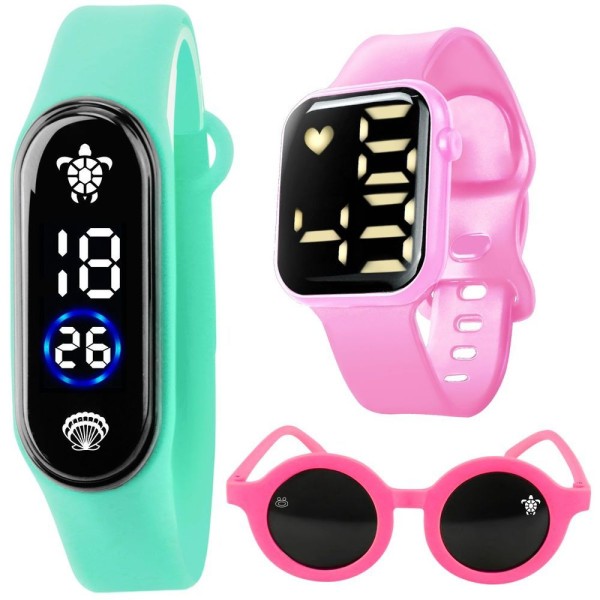 Encontraproduto.com.br - Relógio Infantil Digital Prova Dagua + Oculos Rosa Proteção Uv Resistente Pulseira Ajustavel Verde
