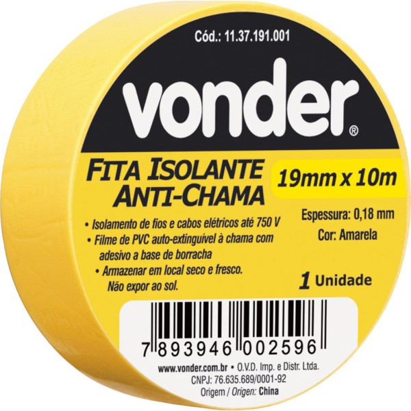 Encontraproduto.com.br - Fita isolante pvc 19mmx10m amarela anti chama peça Vonder