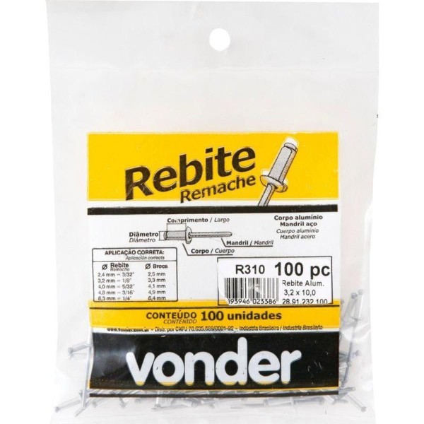 Encontraproduto.com.br - Rebite Repuxo De Alumínio 4,8x16,0mm Mandril Aço Com 100 Peç