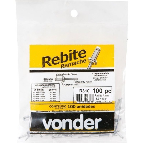 Encontraproduto.com.br - Rebite Repuxo De Alumínio 6,2x16,0mm Mandril Aço Com 100 Peç