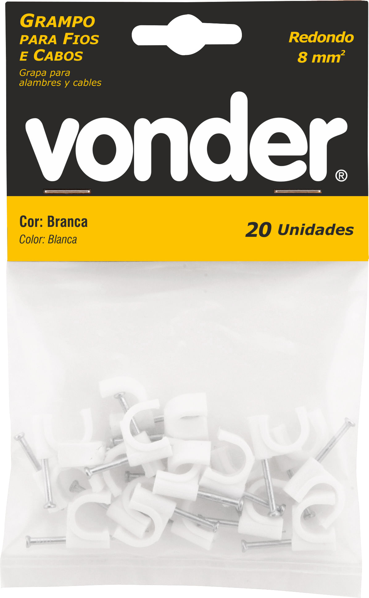 Encontraproduto.com.br - Grampo para fios 8mm² branco redondo com 20 peças - Vonder