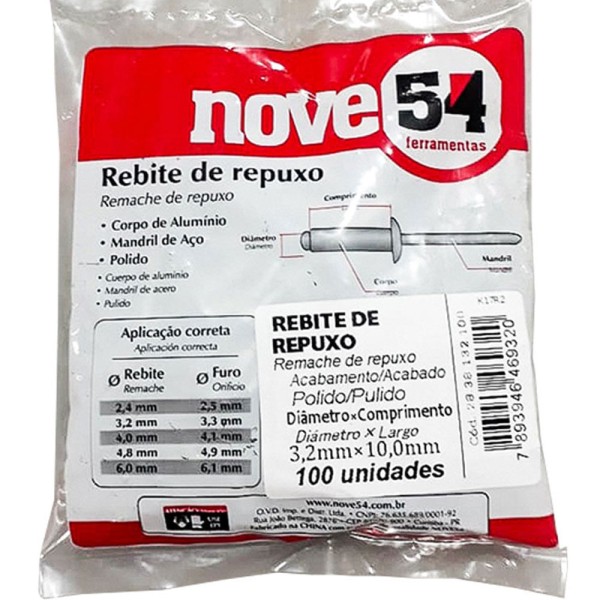 Encontraproduto.com.br - Rebite Repuxo De Alumínio 3,2x10,0mm Mandril Aço Com 100 Peç