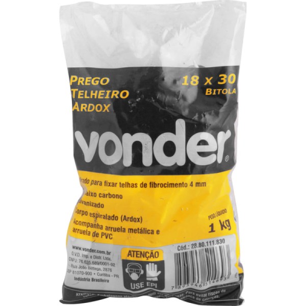 Encontraproduto.com.br - Prego telheiro 18x30 ardox galvanizado com 1,0 kg- Vonder
