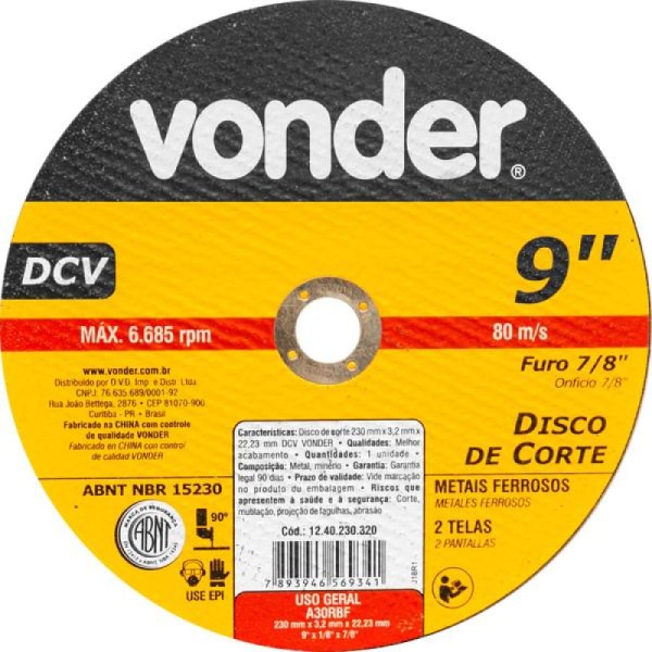 Encontraproduto.com.br - Disco Abrasivo de Corte Para Metais Ferrosos Vonder DCV 230X3,2X22,23mm