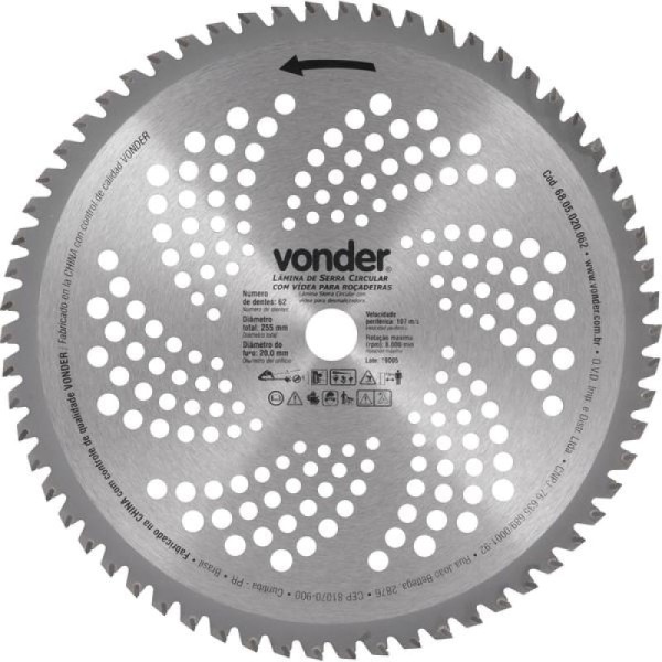Encontraproduto.com.br - Lâmina Circular P/ Roçadeira C/ Videa 255X20,0X62 Vonder