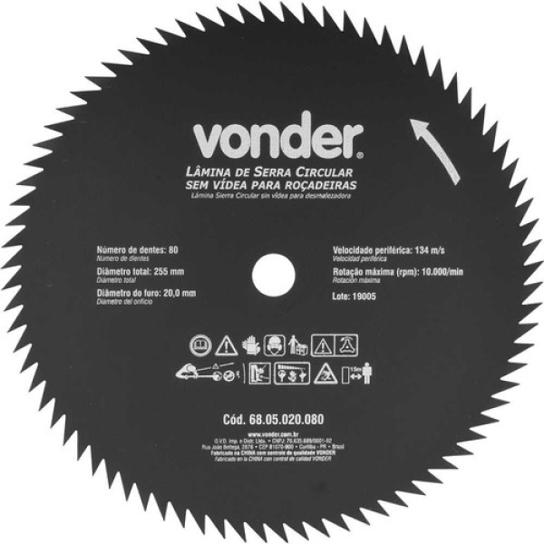 Lâmina Circular Sem Vídea Para Roçadeiras 255mm X 20mm- 80z Vonder