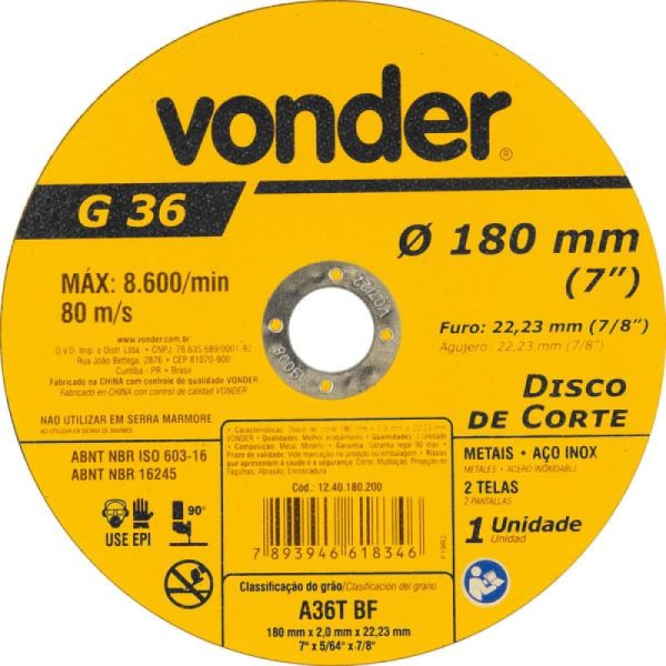 Disco de Corte 180,0x2,0x22,23  - Vonder
