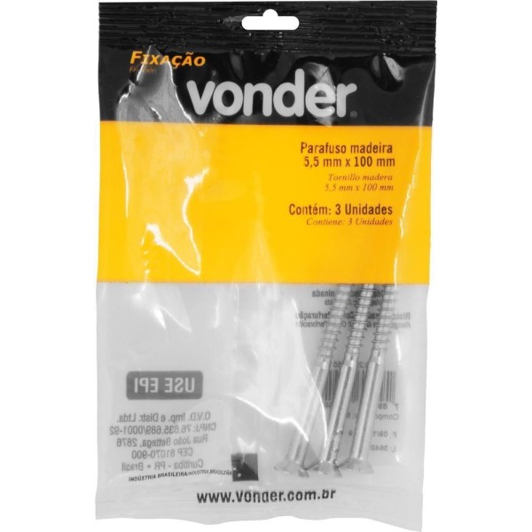 Encontraproduto.com.br - Parafuso Madeira 5,5 mm x 100 mm com 3 peças Vonder