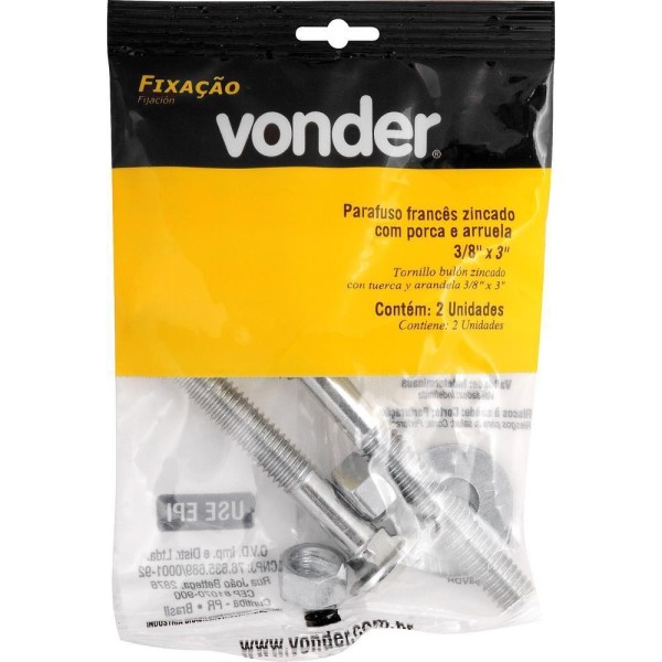 Encontraproduto.com.br - Parafuso Francês 3/8'x3'' Com Porca E Arruela 2 Peças Vonder
