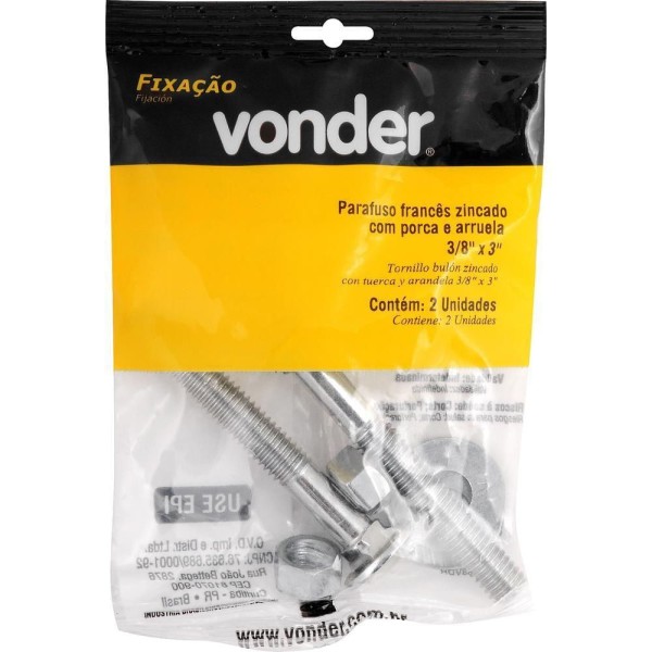 Encontraproduto.com.br - Parafuso Francês 3/8'x3'' Com Porca E Arruela 2 Peças Vonder