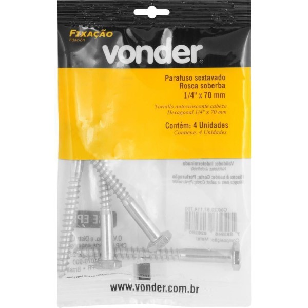 Encontraproduto.com.br - Parafuso Sextavado Rosca Soberba 1/4x70mm 4 Peças Vonder