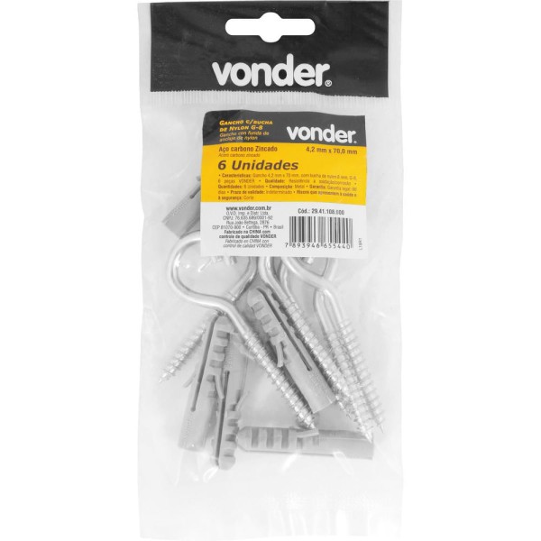 Encontraproduto.com.br - Gancho 4,2x70mm com Bucha de Nylon 8mm G-8 6 Peças Vonder