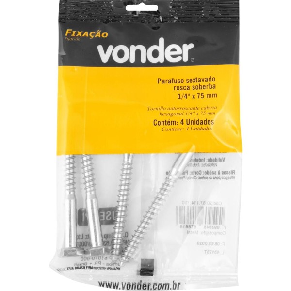 Encontraproduto.com.br - Parafuso Sextavado Rosca Soberba 1/4x75mm c/ 4 peças Vonder