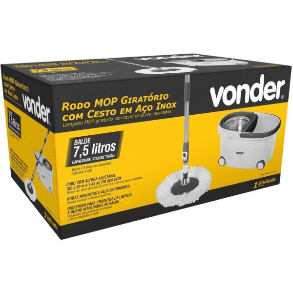 Encontraproduto.com.br - Vassoura Mop Giratório 7,5 Litros Com Cesto Inox Vonder