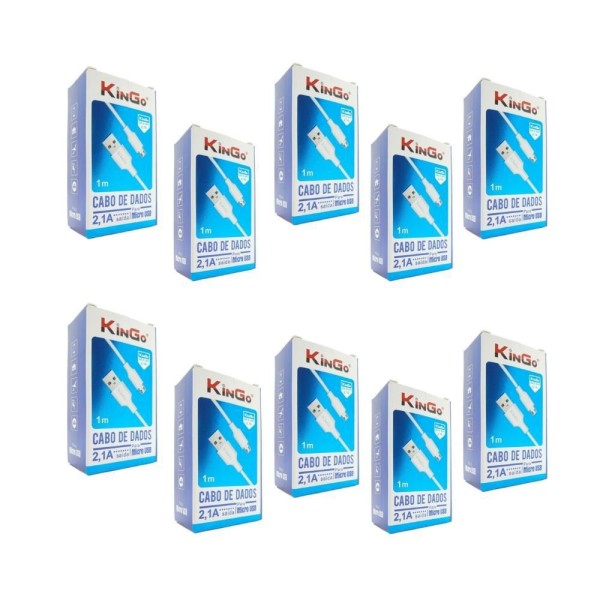 Kit 10 Cabos Usb V8 Branco Kingo 1M 2.1A P/ Moto E7 Plus
