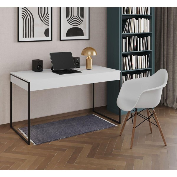 Escrivaninha Home Office Estilo Industrial Branca 137X53Cm Ferro Preto Com 1 Poltrona Branca