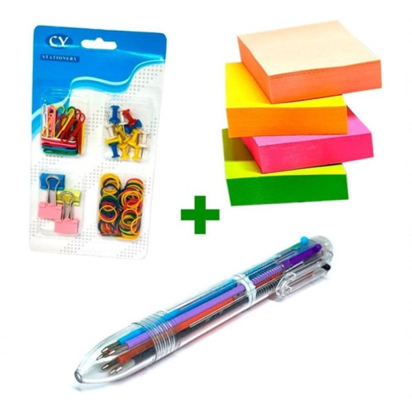 Encontraproduto.com.br - Bloco De Notas Coloridos Caneta Multicor Clips E Prendedor