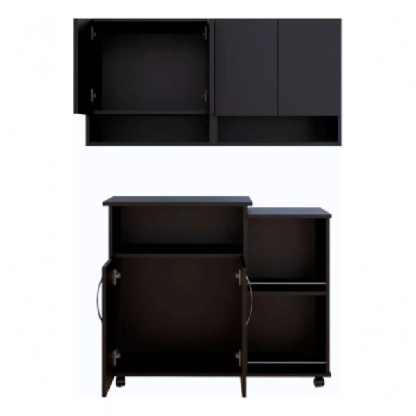 Encontraproduto.com.br - Balcão Preto Com Suporte P/ Microondas E Armário Aéreo 4 Portas Preto