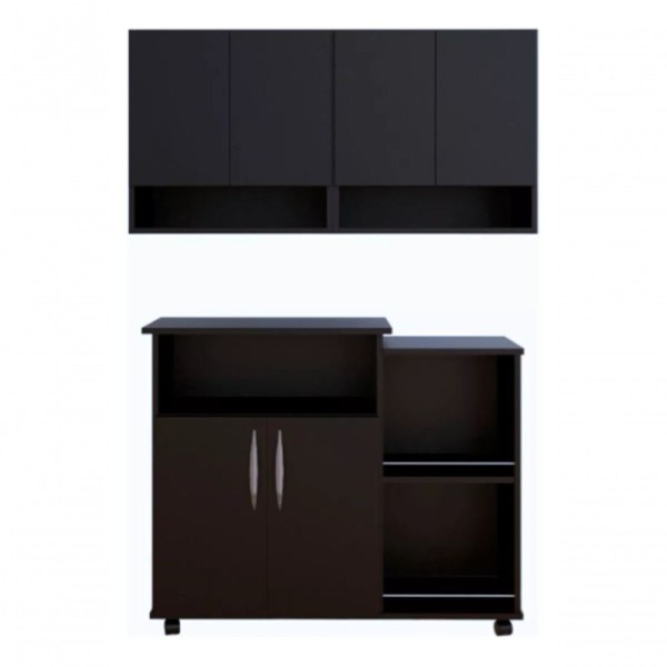 Encontraproduto.com.br - Balcão Preto Com Suporte P/ Microondas E Armário Aéreo 4 Portas Preto
