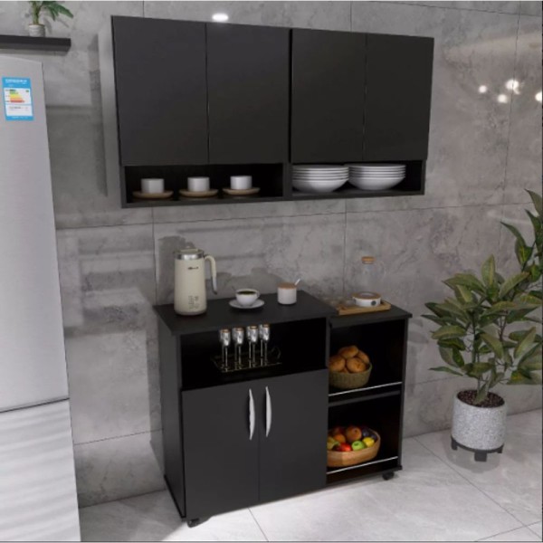 Encontraproduto.com.br - Balcão Preto Com Suporte P/ Microondas E Armário Aéreo 4 Portas Preto