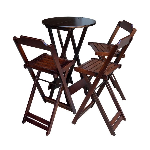 Encontraproduto.com.br - Kit 2 Conjuntos De Mesa Bistrô Dobravel Em Madeira Maciça Com 3 Banquetas Altas - Imbuia - Marrom