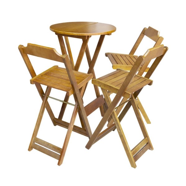 Encontraproduto.com.br - Kit 2 Conjuntos De Mesa Bistrô Dobravel Em Madeira Maciça Com 3 Banquetas Altas - Mel - Marrom