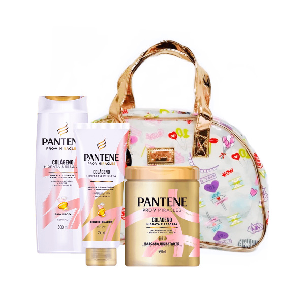 Encontraproduto.com.br - Kit Pantene Pro-V Miracles - Colágeno Hidrata e Restaura Shampoo 300ml + Condicionador 250ml + Máscara 550ml + Bolsa Necessarie Rubys