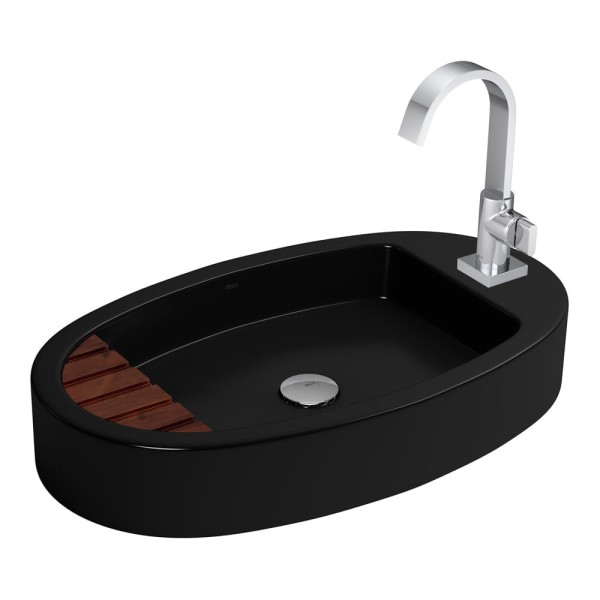 Encontraproduto.com.br - Cuba de Apoio Lavatório Oval com Mesa e Saboneteira de Madeira 60X35,5cm Ébano