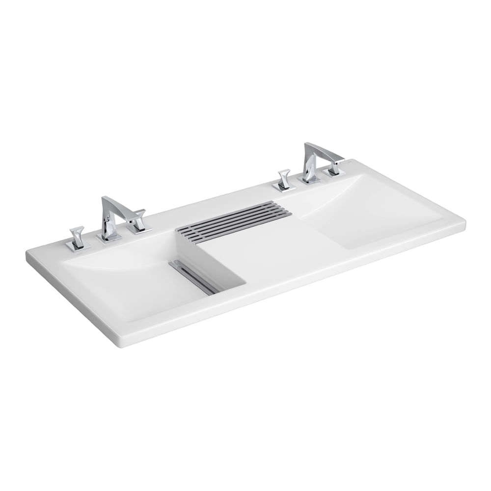 Cuba de Sobrepor Lavatório Retangular Dupla com Saboneteira Grelha e Válvula Oculta 55X120cm Branco