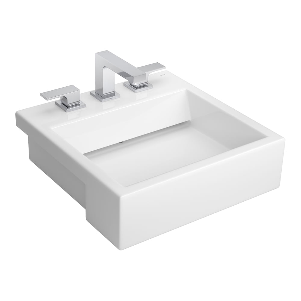 Encontraproduto.com.br - Cuba de Semiencaixe Lavatório Quadrada com Mesa e Válvula Oculta 46X46cm Branco