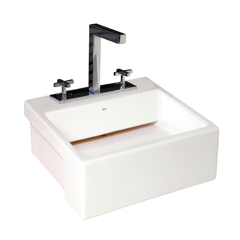 Encontraproduto.com.br - Cuba de Semiencaixe Lavatório Quadrada com Mesa e Válvula Oculta 46X46cm Branco