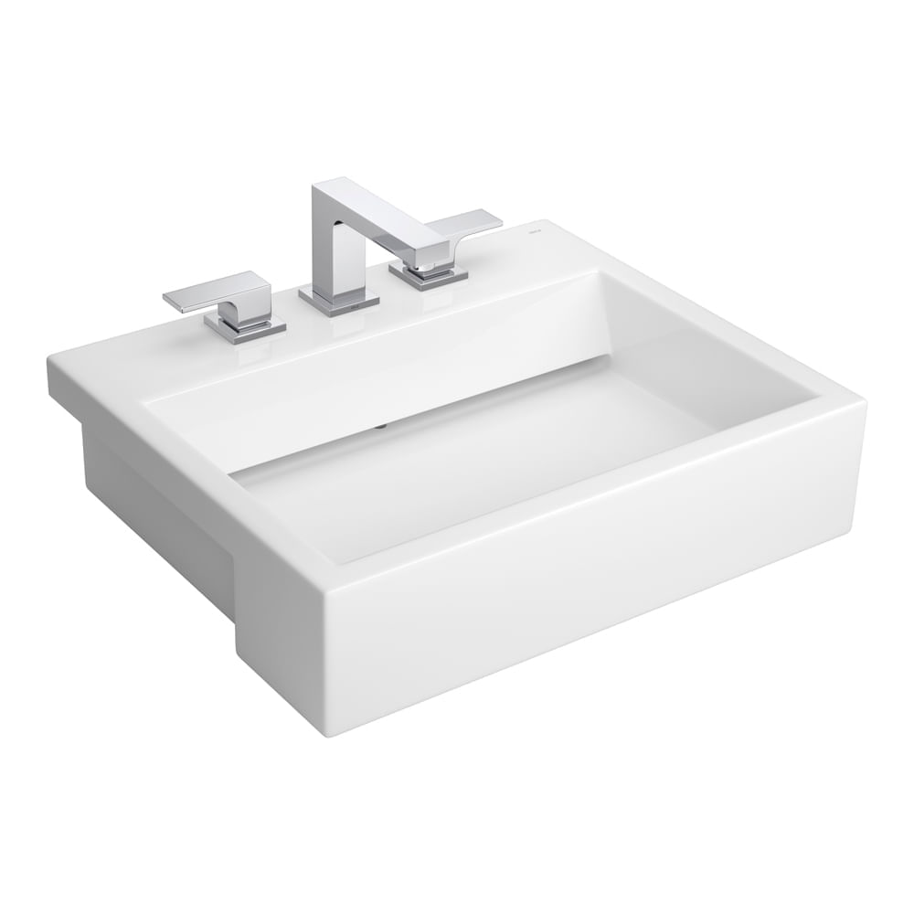 Encontraproduto.com.br - Cuba de Semiencaixe Lavatório Retangular com Mesa e Válvula Oculta 56X46cm Branco