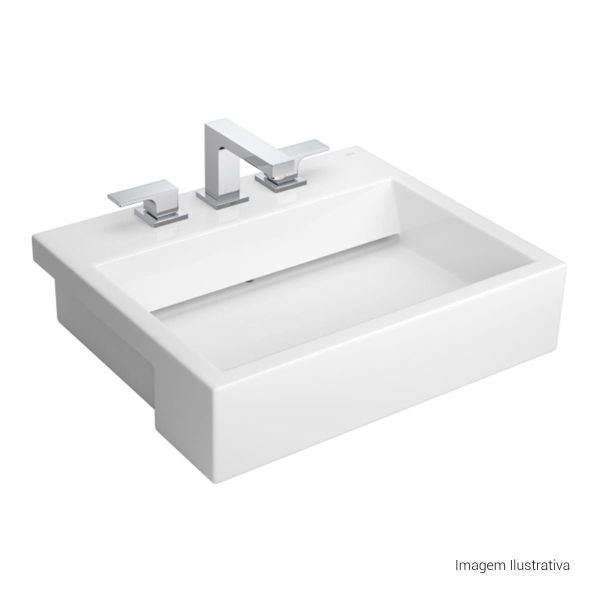 Encontraproduto.com.br - Cuba de Semiencaixe Lavatório Retangular com Mesa e Válvula Oculta 56X46cm Branco