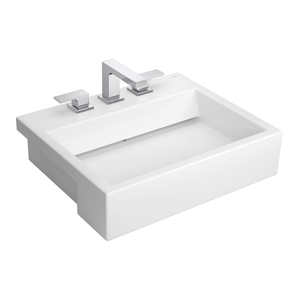 Encontraproduto.com.br - Cuba de Semiencaixe Lavatório Retangular com Mesa e Válvula Oculta 56X46cm Branco