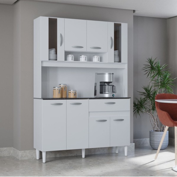 Cozinha Compacta 8 Portas com Vidro 1 Gaveta Coral Poquema