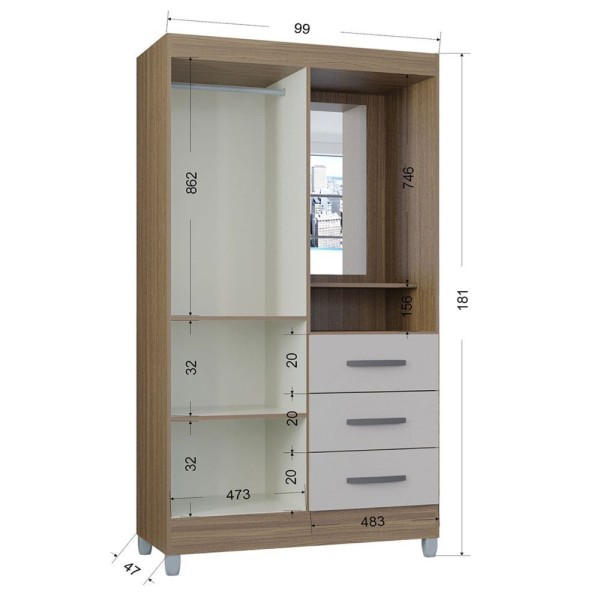 Encontraproduto.com.br - Guarda-roupa Solteiro Madri 2 Portas 3 Gavetas Com Espelho