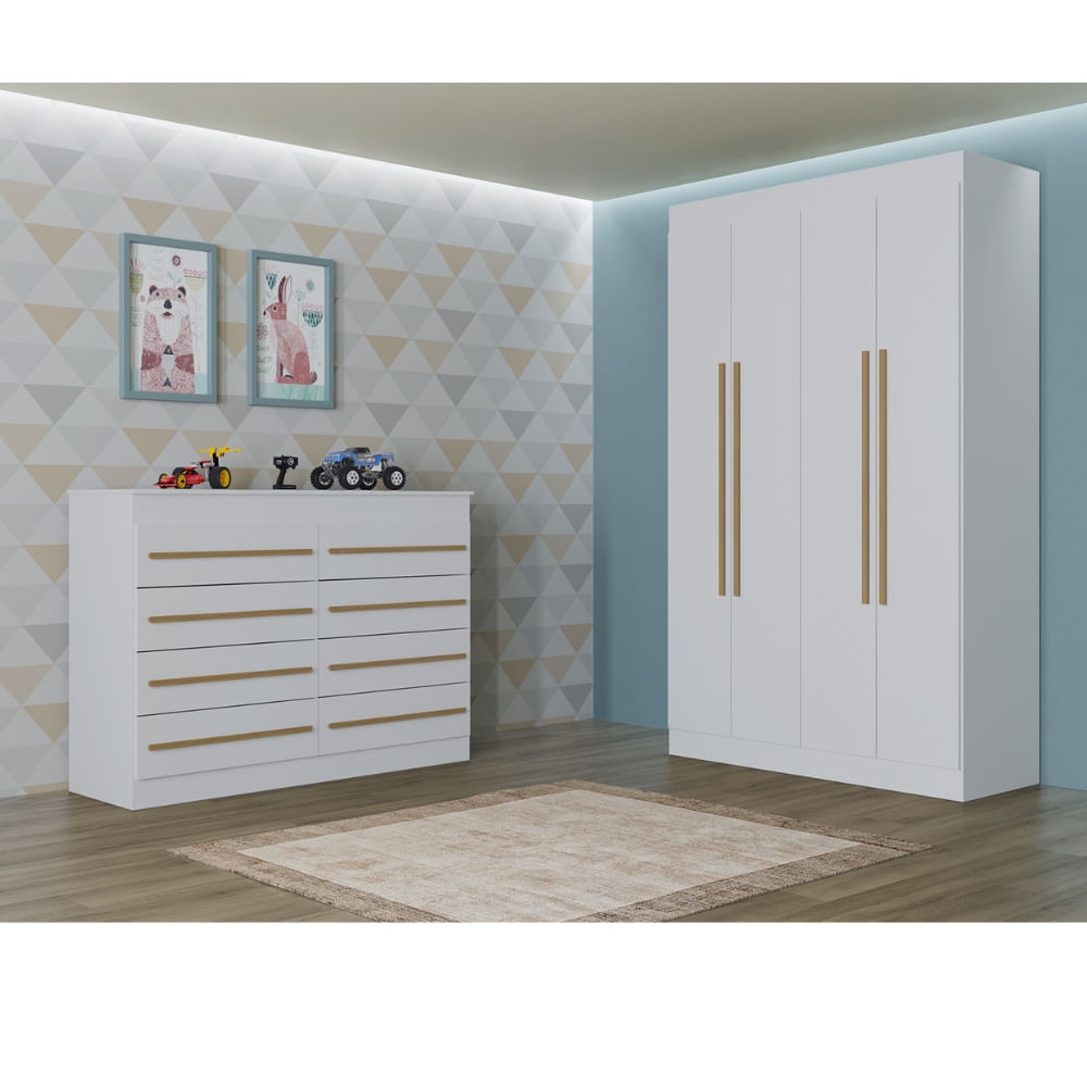 Quarto Infantil Guarda Roupa 4 Portas e Comoda 8 Gavetas Nina Poquema