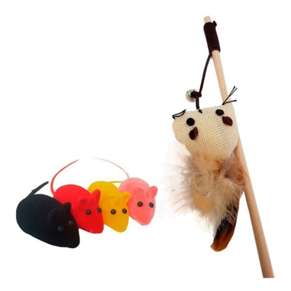 Encontraproduto.com.br - Brinquedo Varinha Para Gatos E 4 Ratinhos Com Apito