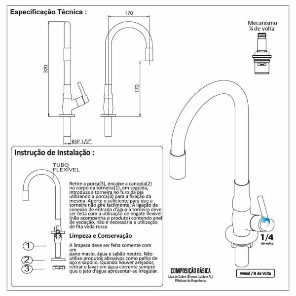 Encontraproduto.com.br - Torneira Pia Cozinha Bancada Color Flexível Preto Cobre 1/4v