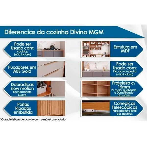 Encontraproduto.com.br - Gabinete De Cozinha Modulado Balcão Divina Com 3 Portas E 2 Gavetas Sem tampo 120cm Freijo-verde - Mgm