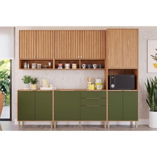 Encontraproduto.com.br - Cozinha Completa Divina 5 Peças (2Aéreos+2Balcões+1Paneleiro) CZ001 Freijo/Verde - MGM