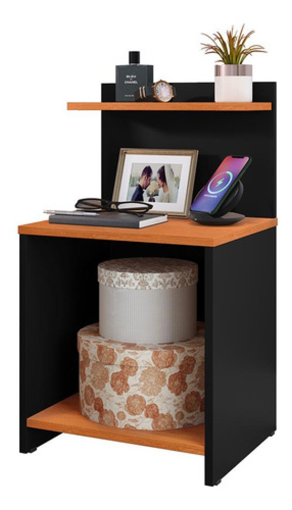 Encontraproduto.com.br - Mesinha Lateralcama Nicho Decoração Mesa Cabeceira Prateleira Suspensa Organizadora Quarto  Preto/cinamomo- Rpm Móveis