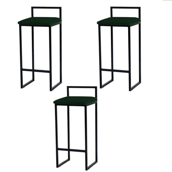 Kit 3 Banquetas Altas Estofadas Suede Pietra Base Preta Cor:verde Esmeralda