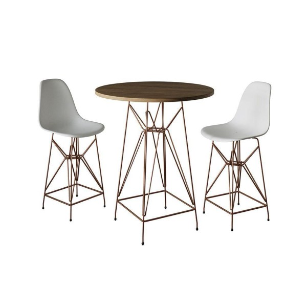 Encontraproduto.com.br - Jogo Mesa Bistrô Eames Tampo Amêndoa 60Cm 2 Banquetas Branca Base Ferro Cobre - Cor: Amendoa