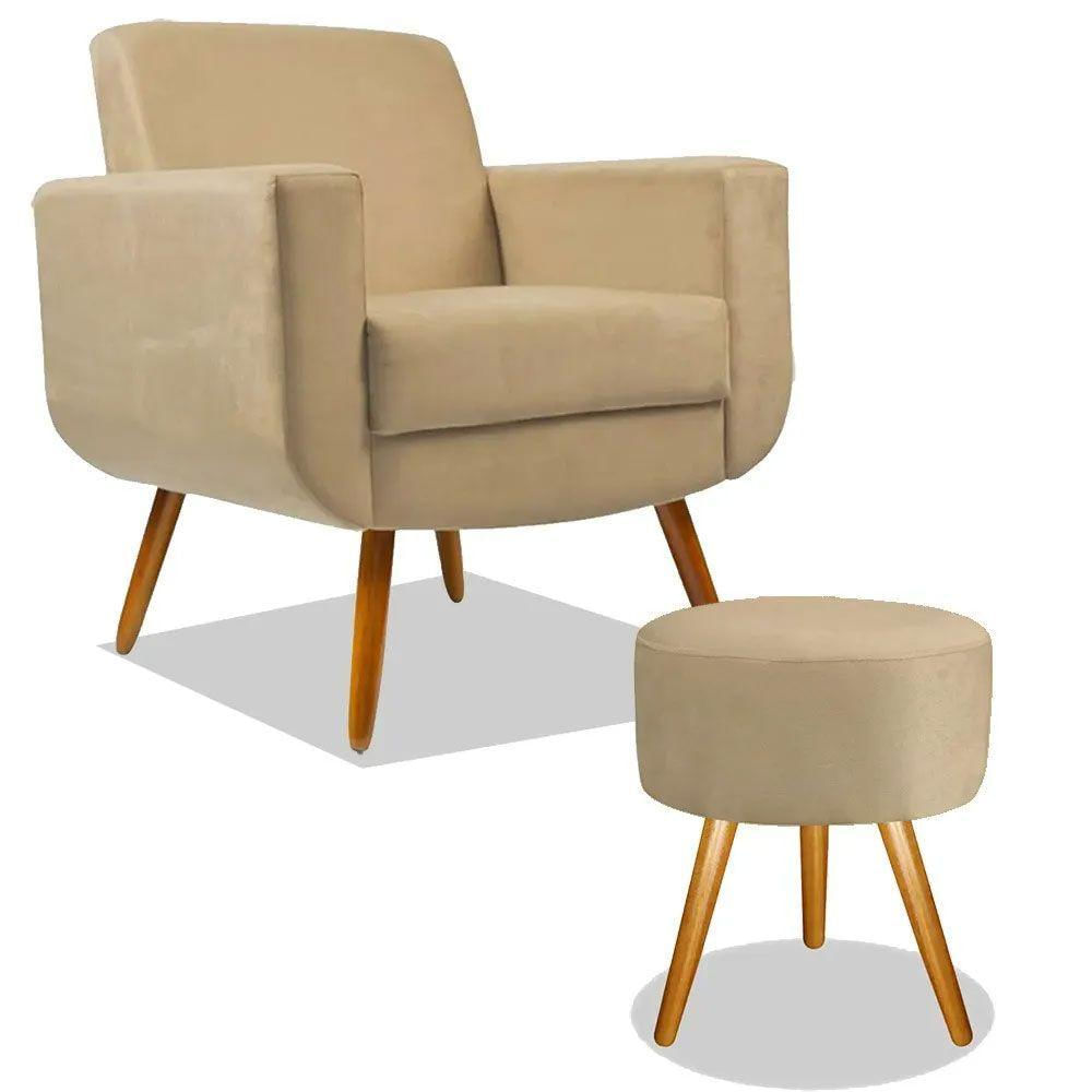 Kit Poltrona Para Sala De Tv Cristal Com Puff Redondo Suede Bege