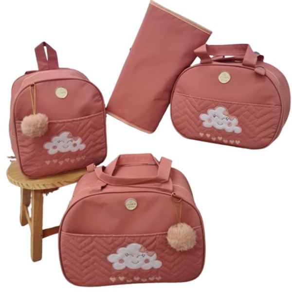 Encontraproduto.com.br - Bolsa Maternidade Bebê Kit 4 Peças Nuvem Rosê Impermeável