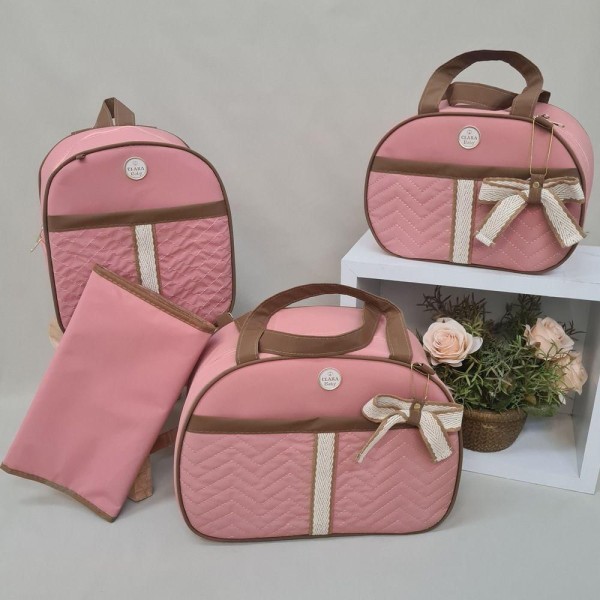 Encontraproduto.com.br - Bolsa Maternidade Bebê Kit 4 Peças Trocador Rosa Impermeável